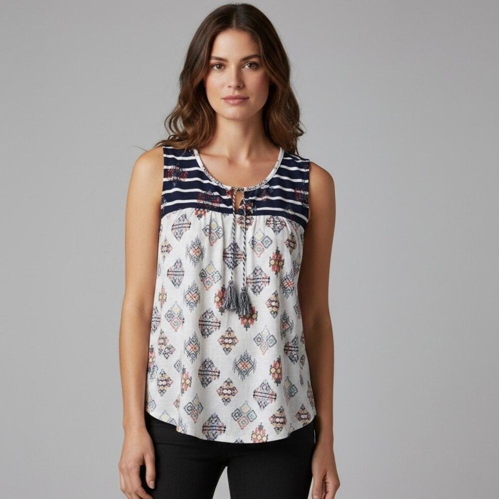 Westbound Petites Sleeveless Tank Embroidered Colorful Tassel Tie Front Size PL